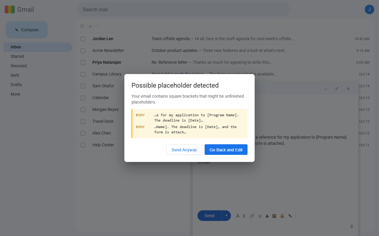 The warning dialog over a Gmail compose window